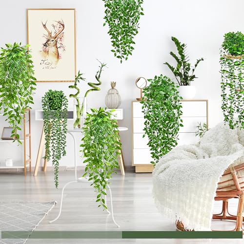 Palonu 4 Pack Faux Artificial Hanging Plants, UV Resistant Fake Potted Greenery with Eucalyptus Vine, Mandala, Pea Pod Leaves & String of Pearls in Pots for Living Room Bathroom Indoor Outdoor Décor