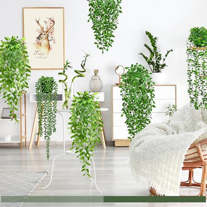 Palonu 4 Pack Faux Artificial Hanging Plants, UV Resistant Fake Potted Greenery with Eucalyptus Vine, Mandala, Pea Pod Leaves & String of Pearls in Pots for Living Room Bathroom Indoor Outdoor Décor