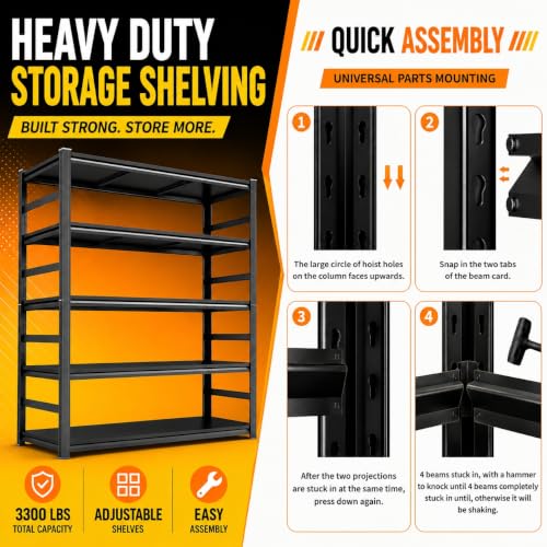 Garage Shelving, Heavy Duty Storage Shelves, Adjustable Boltless Units | Metal Shelving with Double Layer Posts, Industrial Steel Shelving for Garage Basement Warehouse Kitchen, Black, 72H*36W*16D - size: Heavy Duty 36W*72H*16D