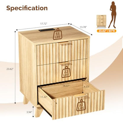 VINGLI Fluted Nightstand with Charging Station, 3 Drawer Nightstand Oak Modern Night Stand for Bedroom, Fluted Bedside Table/End Table/Side Table, 17.72" W*13.78" D*23.62" H, 1 pc - color: Oak, size: 17.7"W-3 Drawer