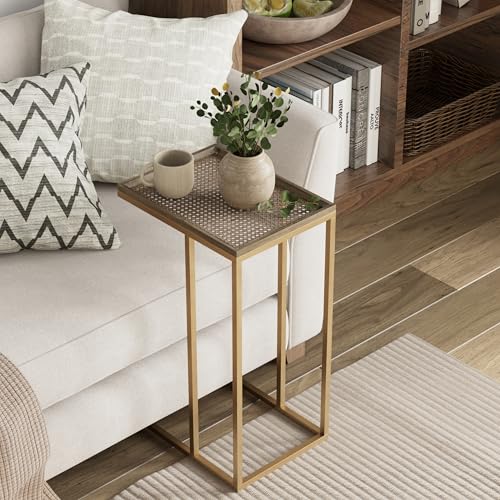 Farmhouse C Shaped End Table with Distressed Wood & Metal Woven Tray Top, Modern Slim Snack Side Table with Metal Base, Gold - color: Gold, style: Metal Woven