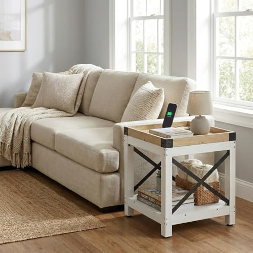Farmhouse Square 2 Tier Side Table with Charging Station,White+Oak | End Table Sofa Table With X-Metal Frame Industrial Coffee Table Nightstand for Living Room Bedroom Small Spaces - color: White+oak, style: With Outlets