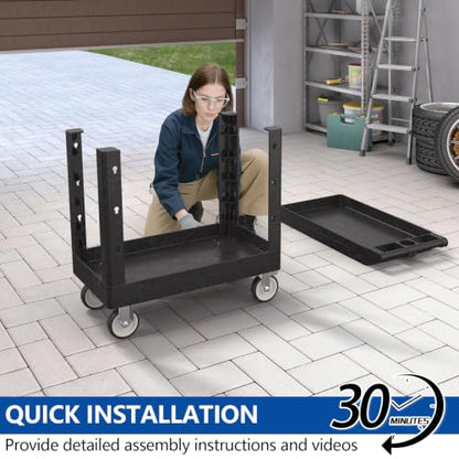 Large Garage Plastic Utility Cart, Heavy Duty 2 Shelf Tool Cart Service Cart Rolling Push Carts with Ergonomic Handle 5" Swivel Casters. - color: Black, size: 34 x 17 Inch