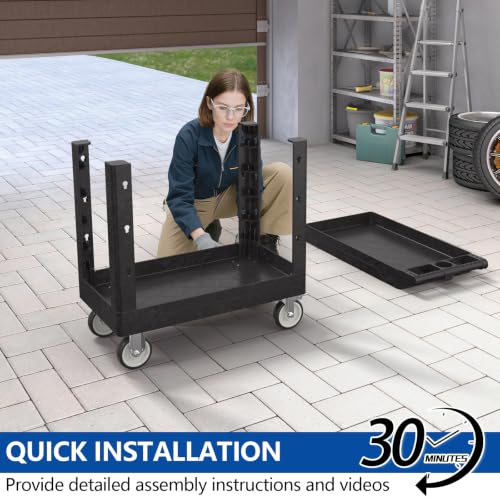 Large Garage Plastic Utility Cart, Heavy Duty 2 Shelf Tool Cart Service Cart Rolling Push Carts with Ergonomic Handle 5" Swivel Casters. - color: Black, size: 34 x 17 Inch