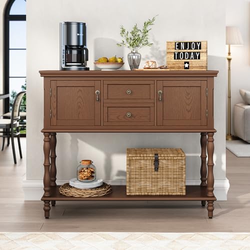 ARTPOWER Console Table with 2 Drawers, Retro Entryway Table with 2 Door | Solid Wood Veneer Entry Table, Behind Couch Sofa Table with Open Storage Shelf for Living Room, Foyer, Hallway - color: Brown