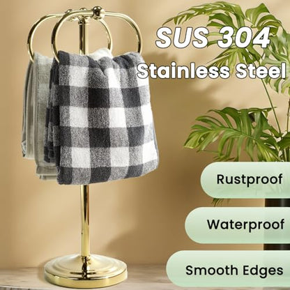 17 Inch Stainless Steel Hand Towel Holder Double Stand Hand Towel Ring for Washcloths or dishcloths Non-Slip Base Free Standing Towel Rack for Bathroom Kitchen (Gold) - color: Gold