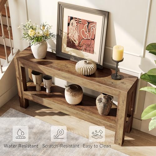 LITTLE TREE 63-Inch Entryway Console Table, Long Farmhouse Narrow Sofa Table for Living Room, Hallway, Entry, Entrance, Foyer, Behind Couch with 2-Tier Shelves, Rustic Brown - color: Light Brown