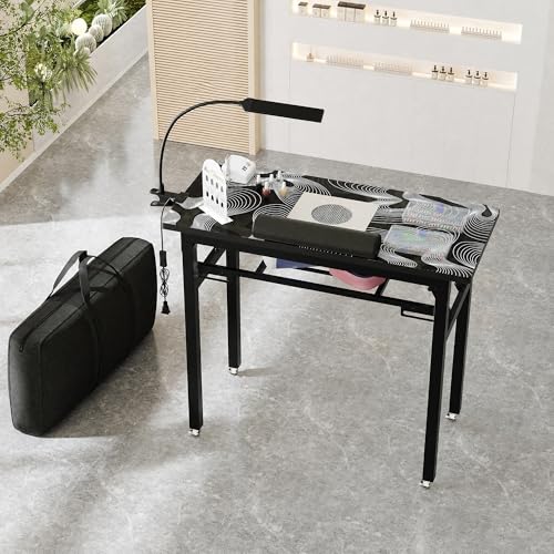 Portable Foldable Manicure Table with Dust Collector, Rolling Nail Tech Desk with LED Lamp, Wrist Rest, Lockable Wheels & Carrying Case for Home Salon, Travel & Mobile Nail Techs (Black White Wave) - color: Black White Wave