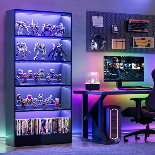 CODACE Tall Wooden 5-Tier Black Bookshelf - Display Cabinet with LED Lights | Lighted Book Shelves, Display Case for Collectibles, Manga ,Figures, Modern Bookcase for Bedroom, Living Room, Gaming room - size: 5 Tiers - 10.2"D x 27.5"W x 65"H