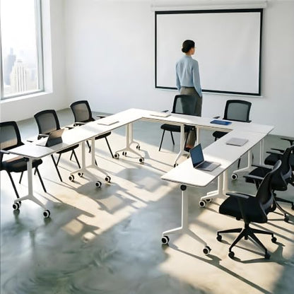 Folding Conference Table with Wheels, Modular Mobile Seminar Table, Flip Top Training Room Desk, Space-Saving & Stackable Office Furniture