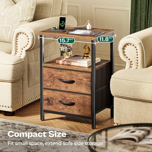 Huuger Night Stand with Charger Station and LED Lights, 2 Drawer Nightstand, Bed Side Table with Open Shelf, End Table, Fabric Dresser for Bedroom, Rustic Brown - color: Rustic Brown, size: 11.8"D x 15.7"W x 23.6"H（2 Drawers）