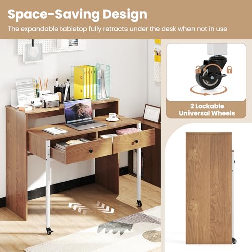Giantex Small Computer Desk with Hutch & Drawers, Extendable Writing Desk w/Pull Out Secondary Table, Monitor Stand & Rolling Wheels, Console Table, Compact Desk for Small Spaces (Natural) - color: Natural