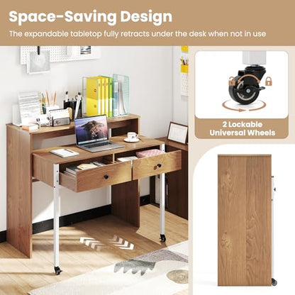 Giantex Small Computer Desk with Hutch & Drawers, Extendable Writing Desk w/Pull Out Secondary Table, Monitor Stand & Rolling Wheels, Console Table, Compact Desk for Small Spaces (Natural) - color: Natural