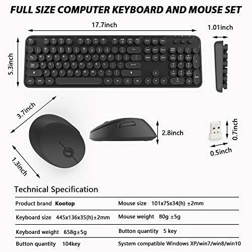 Wireless Keyboard and Mouse, KOOTOP Cute Black Keyboard and Mouse, 2.4G Wireless Keyboard with Retro Round Keycap for PC, Mac, Laptop,Tablet,Computer Windows (Black) - color: Black