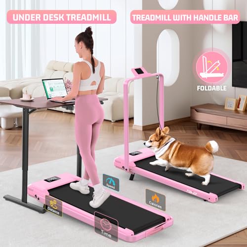 FUNMILY Upgrade Walking Pad Folding Treadmill with 12%/15% Incline & Handle Bar, 3.5HP Foldable Under Desk Compact Treadmills for Home/Office/Gym, 400+lb Capacity, Shock Absorption - color: Light Pink