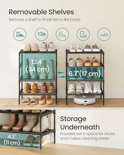 SONGMICS 4-Tier Shoe Rack for Closet, Compact Metal Shoe Organizer Shelf for Entryway, Bedroom, Small Spaces, Stackable, 11.8 x 17.7 x 26 Inches, Black ULSA114BH01 - size: 4 Tiers (17.7"W)