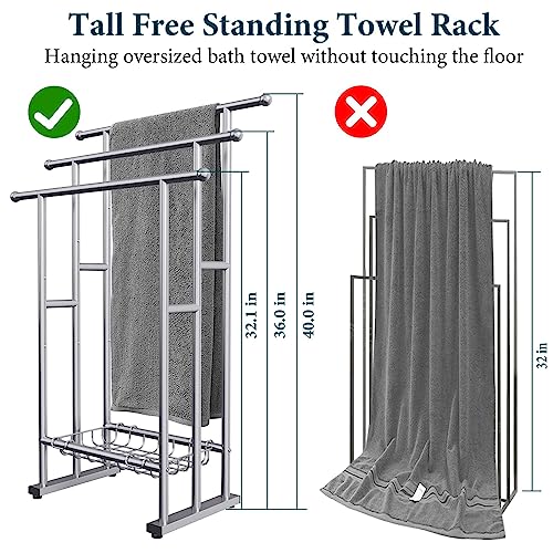 Kayfia 40'' Freestanding 3 Tier Alloy Steel Towel Rack with Storage Basket | Dual-Use Drying & Display Rack, Holds Oversized Bath Towels & Blankets, Fits Bathroom, Tub, Shower, Poolside, Silver - color: Grey