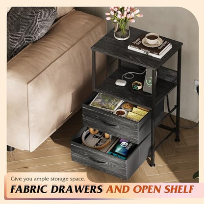 WLIVE Night Stand with Charger Station, LED Nightstand for Bedroom, Small Dresser with 2 Fabric Drawers for Small Spaces, Bed Side Table, Charcoal Black and Wood Grain Print - color: Charcoal Black