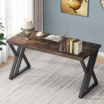 LITTLE TREE 55 Inch Large Simple Industrial Computer Desk Study Writing Table Home Office Workstation,Rustic Brown - color: Brown+black