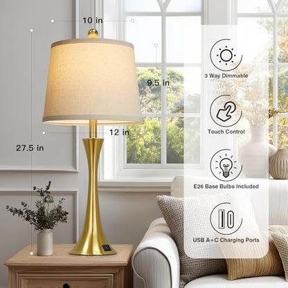 Rinweey 27.5" Gold Lamps Set of 2, Touch Control 3-Way Dimmable Bedside Nightstand Lamps Bedroom Lamp,Modern Gold Table Lamp with USB A+C Ports,Tall Lamps for Living Room End Table Home Office - color: Gold