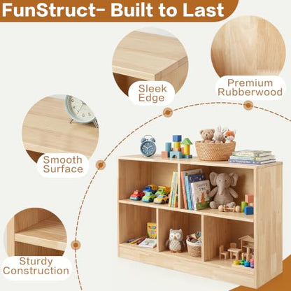Montessori Toy Storage Organizer,Rubber Wood Kids Storage Bookshelf with 5 Compartments,Wooden Kids Storage Bookcase Cabinet for Toddler Playroom, Bedroom (Natural, 2-Tier, Rectangular-Medium)