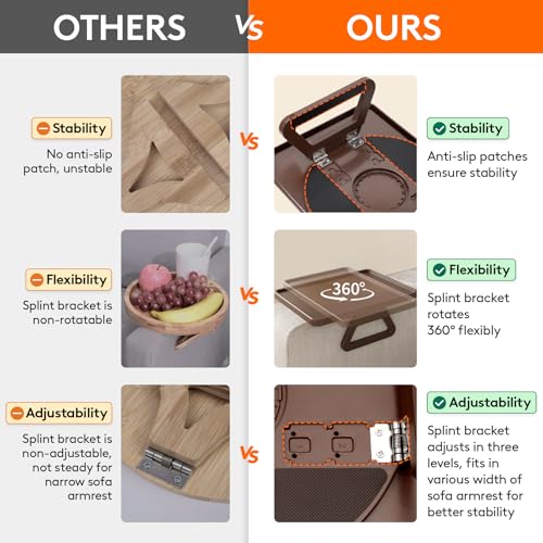 Lifewit Plastic Rotating Couch Armrest Table, Adjustable Sofa Arm Clip Holder Tray for Snack/Fast Food/Fruit/Drink, Large Foldable Stable Sofa Table with Reinforced Clamp, Brown - color: Brown