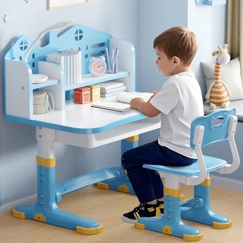 Kids Desk and Chair Set, Height Adjustable Child's School Study Writing Tables, Kids Desk with Bookstand and Storage Drawer, Widened Desktop with Desktop for Boys and Girls - color: Blue-a