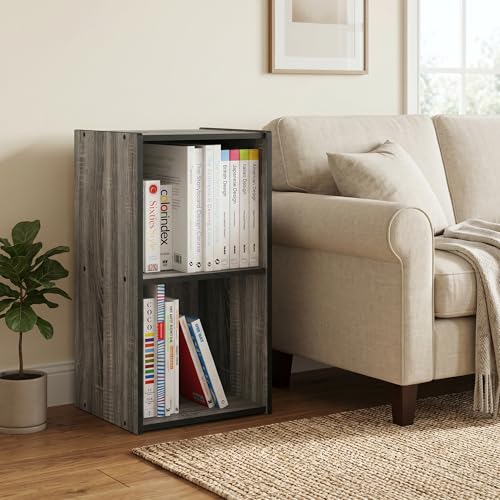 2 Cube Bookcase, Storage Organizer Cabinet, 2 x 1 Bookshelf, Open Back & Closed Back Cubes Book Shelf, 12.2 x 11.6 x 24.2, for Bedroom, Home Office, Living Room, French Oak/Black - color: French Oak/Black, size: 2 Tier
