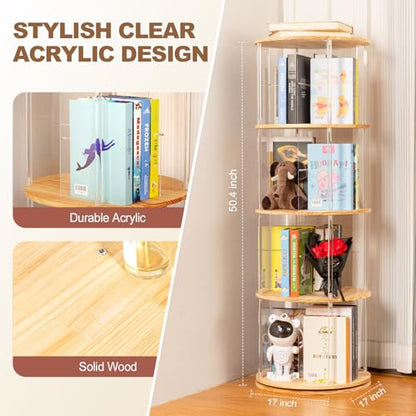TAKEKIT 360° Rotating Bookshelf, 4-Tier Spinning Book Shelf Tower with Solid Wood & Clear Acrylic, Round Revolving Bookcase for Living Room, Bedroom and Office - color: Natural Round, size: 4-Tier