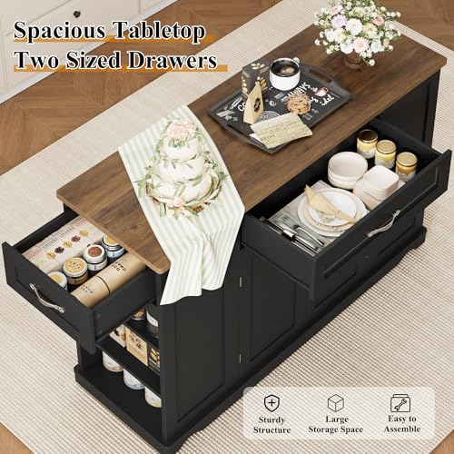 HOSTACK Kitchen Island Cart with Storage, 47'' Kitchen Storage Island on Wheels with 2 Drawers, Rolling Island Table with Adjustable Shelves, Mobile Buffet Sideboard Cabinet for Dining Room, Black - style: Black + Rustic Brown