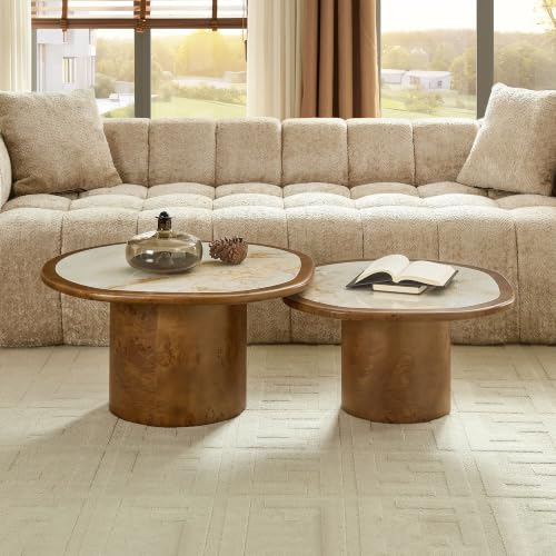 Curved Round Coffee Table Set of 2 with Sintered Stone Tabletop for Living Room, Modern Mid-Century Retro Pedestal Nesting Coffee Table, Burl Wood Veneer, Walnut, 2-Pcs - color: 2-pcs-walnut