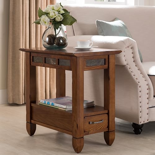 Leick Home Sibley End Table, Solid Wood, 1 Storage Drawer, Slate Tile Details, Bottom Display Shelf, Easy-Assembly, For Living Room/Bedroom, Rustic Oak, 24.5 in. L x 15.25 in. W x 24.0 in. H , 10906 - color: Rustic Oak