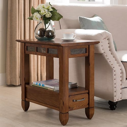 Leick Home Sibley End Table, Solid Wood, 1 Storage Drawer, Slate Tile Details, Bottom Display Shelf, Easy-Assembly, For Living Room/Bedroom, Rustic Oak, 24.5 in. L x 15.25 in. W x 24.0 in. H , 10906 - color: Rustic Oak