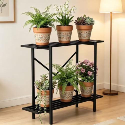 Zhongma 2 Tier Window Height Metal Sturdy Heavy Plant Stand, Narrow Plant Stand Indoor and Outdoor, L35.43 x W10.3 x H27.5 inch, 440 LBS Capacity & Heavy Duty Construction