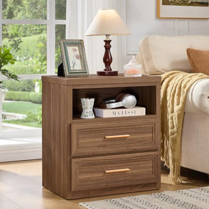 RWYHG 24'' Wide Farmhouse Night Stand with 2 Drawers,Wood Nightstand | Modern End Table Open Storage Shelf, Metal Handle, Mid-Century Bed Side Table for Bedroom, Living Room, Light Walnut - color: Light Walnut