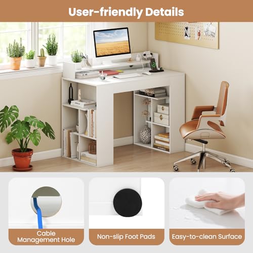Giantex White Desk with Storage Shelves, 43" Home Office Computer Desk with Charging Station, Dual 3 Tier Bookshelf & Monitor Stand, PC Table Workstation, Modern Study Writing Desk for Bedroom, Dorm