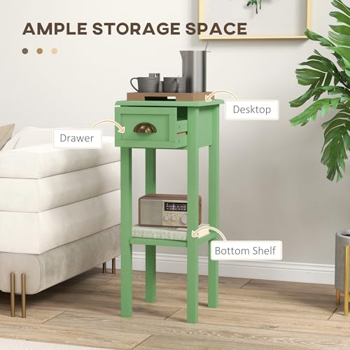 HOMCOM Narrow End Table with Drawer and Bottom Shelf Set of 1 Green | Tall Telephone Table, Skinny Modern Design, for Small Spaces, Living Room - color: Green