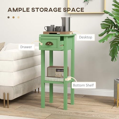 HOMCOM Narrow End Table with Drawer and Bottom Shelf Set of 1 Green | Tall Telephone Table, Skinny Modern Design, for Small Spaces, Living Room - color: Green