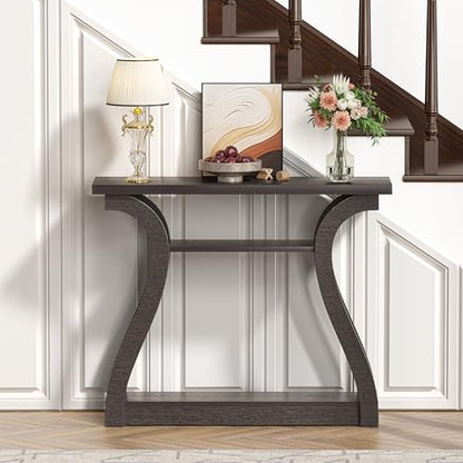 47" Wood Console Table for Entryway, Narrow Sofa Table with 3-Tier Shelves | Curved Legs Farmhouse Hallway Table, Skinny Console Table Behind Couch, Rustic Wooden Entry Table for Living Room (Brown) - color: Dark Brown