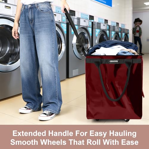 Reusable Grocery Bag Tote Bag with Wheels, Foldable Rolling Tote Bag with 3 Handles and Zipper - color: Red, size: Medium