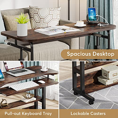 Tribesigns Portable Desk with Power Outlets, Height Adjustable Side Table Sofa Couch Bedside Laptop Computer Cart with USB Charging Ports, Mobile Small Standing Desk with Keyboard Tray - color: Brown
