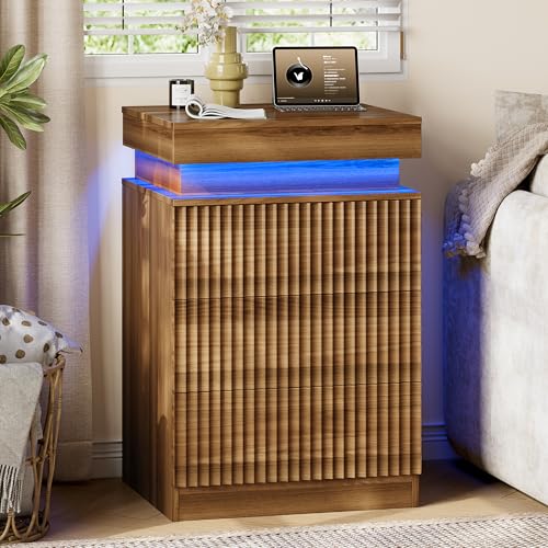 Xixini Nightstand with Charging Station and RGB LED Lights, Fluted 3-Drawer Bedside Table with Sliding Top, Wooden End Table for Bedroom, Living Room, Walnut - color: Walnut