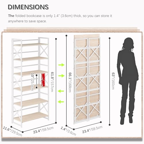 4NM 6 Tiers No Assembly Book Shelves, 61.8" H Folding Bookshelf Bookcase Open Industrial Foldable Shelves for Bedroom, Living Room, Home Office - Natural White - color: Natural White, size: XX 6-Tier