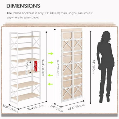 4NM 6 Tiers No Assembly Book Shelves, 61.8" H Folding Bookshelf Bookcase Open Industrial Foldable Shelves for Bedroom, Living Room, Home Office - Natural White - color: Natural White, size: XX 6-Tier