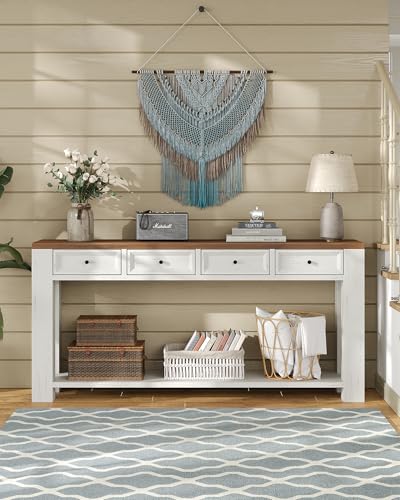 FUSOU 63 Inch Console Table, Sofa Table Behind Couch, Entryway Table with 4 Drawers & Open Shelf, Farmhouse Sofa Table for Living Room (White) - color: White
