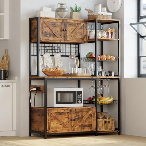 IRONCK Bakers Rack with 2 Storage Cabinets and Power Outlet, 45.3 Inch Industrial Coffee Bar Cabinet Shelves, Kitchen Microwave Stand with Storage, Vintage Brown - color: Vintage Brown