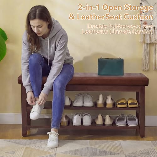 40" Faux Leather Shoe Storage Bench Entryway, Upholstered Bench with Leather Cushion, Solid Wooden 2 Tier Rack Shoe Organizer for Entry Way, Bedroom, Living Room, Dark Brown - color: Dark Brown