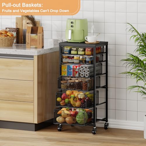 6-Tier Kitchen Storage Cart -Fruit Vegetable Storage Cart with Drawers, Wooden Top Metal Wire Kitchen Organizer and Storage Cart with Wheels to Storage Onions Potatoes Cans Snacks for Kitchen - size: 6-Tier Black