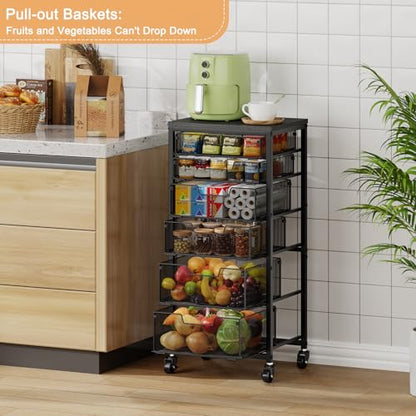 6-Tier Kitchen Storage Cart -Fruit Vegetable Storage Cart with Drawers, Wooden Top Metal Wire Kitchen Organizer and Storage Cart with Wheels to Storage Onions Potatoes Cans Snacks for Kitchen - size: 6-Tier Black