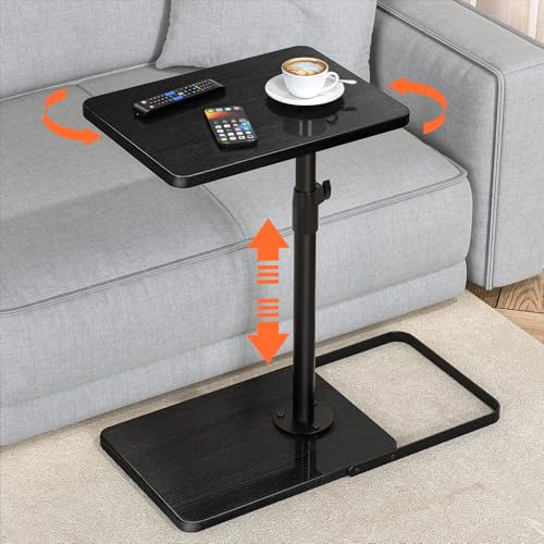TV Tray Table for Couch - Adjustable Height & 360°Swivel Panel Design，Larger Metal and Wooden Base to Prevent Slipping，Sofa Armrest Tray Table for Eating Laptop Couch Bed Dinner or Small Space - color: Black, size: Standard 1 Pack
